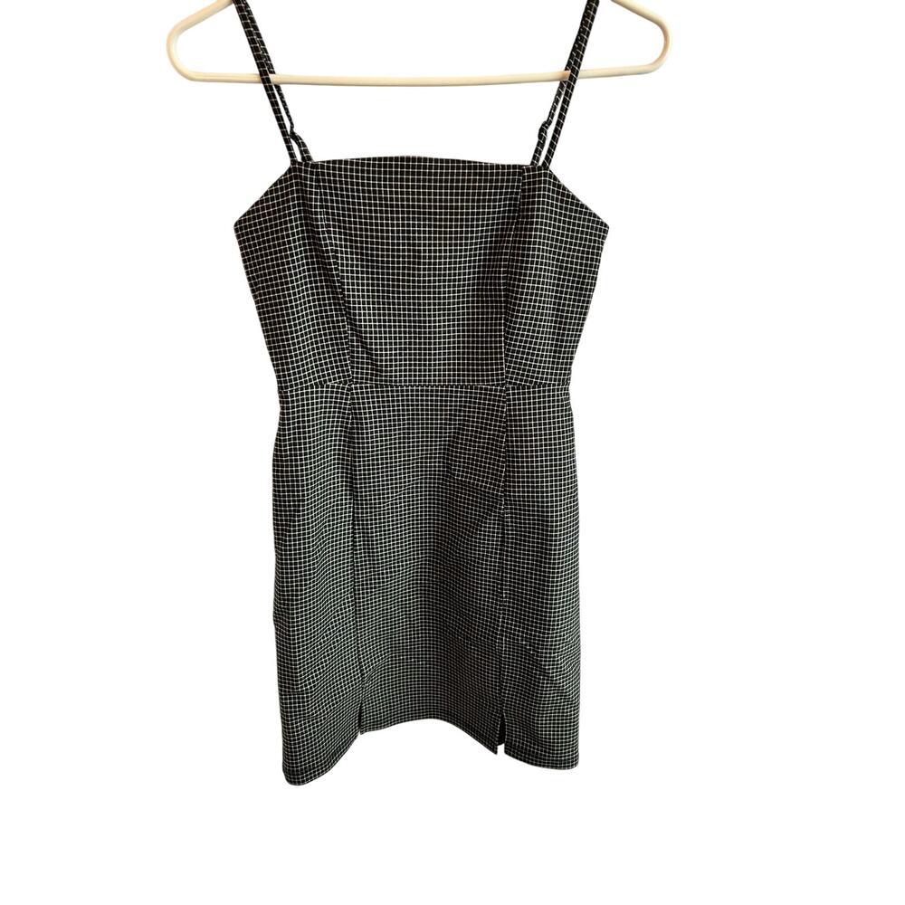 Originality Womens Black White Grid Mini Dress Spaghetti Strap Square Neck M